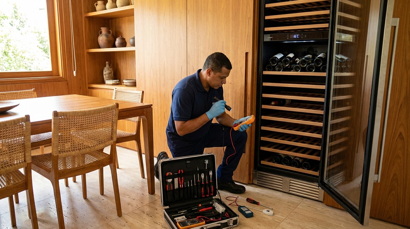 Técnico medindo a temperatura de uma adega climatizada de porta de vidro em Sobradinho‑DF